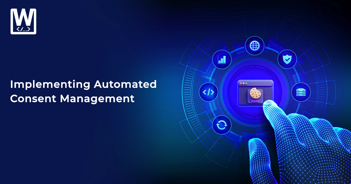 Implementing automated consent management with futuristic tech interface showing digital hand selecting cookie preferences on a dashboard, surrounded by data privacy, security, and web technology icons