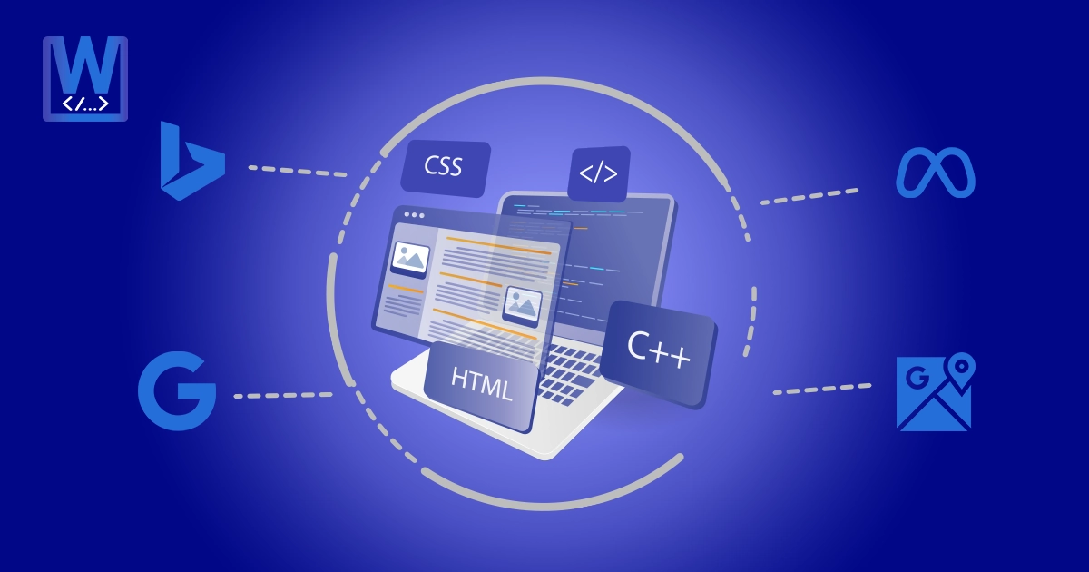 Digital illustration showing web development technologies like HTML, CSS, and C++ on a laptop screen, surrounded by icons for Google, Bing, Meta, and Maps, representing website coding and integration.