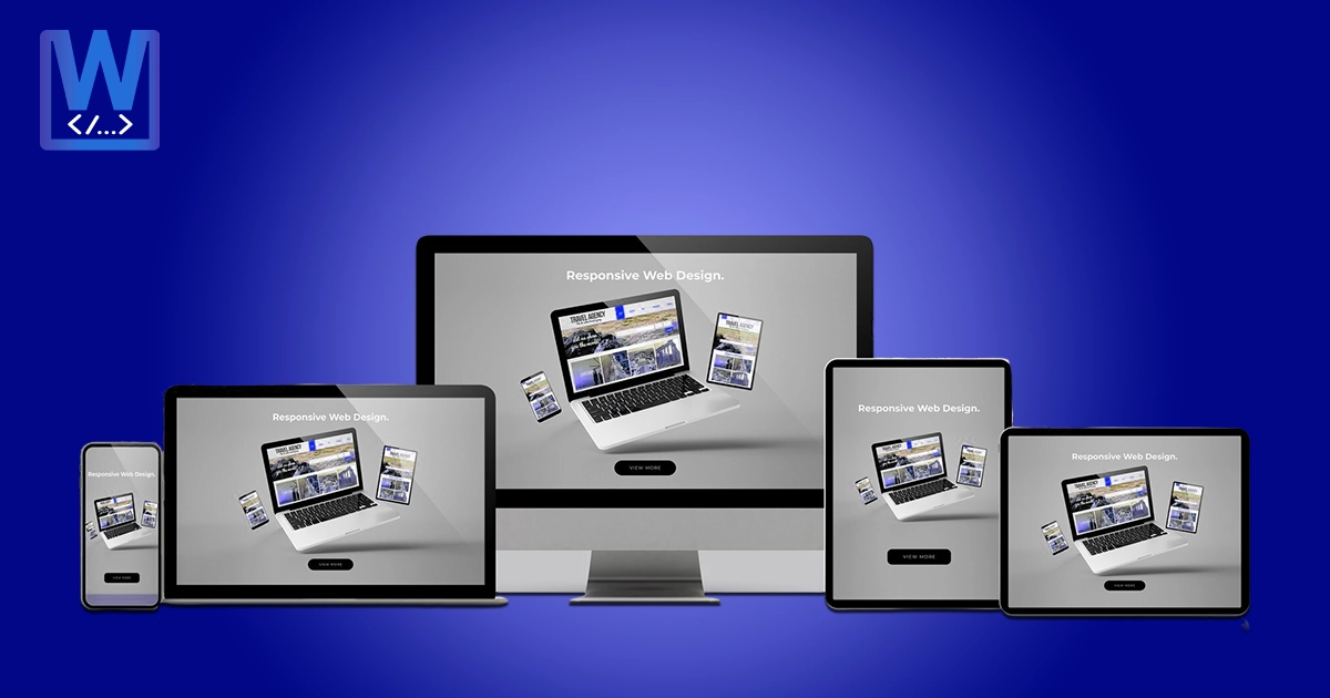 Responsive web design concept showing a website displayed on multiple devices including desktop, laptop, tablet, and smartphone, illustrating cross-device compatibility and modern web development
