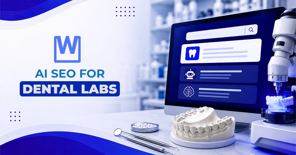 Graphic reading "AI SEO for Dental Labs" next to a computer displaying search interface icons alongside dental lab equipment.