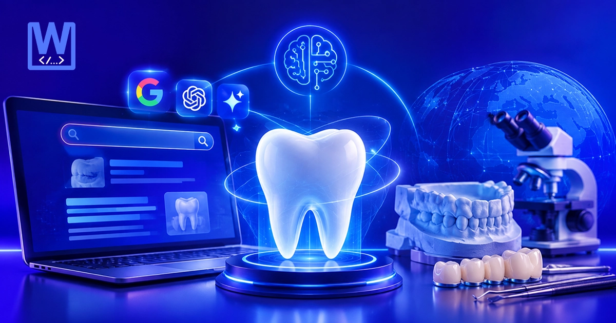 Glowing tooth graphic with Google, OpenAI, and Gemini icons illustrating AI SEO tools for dental labs and clinics.