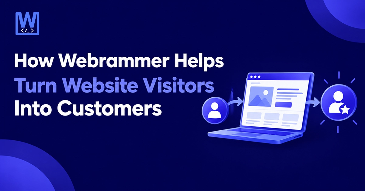 Banner graphic titled 'How Webrammer Helps Turn Website Visitors Into Customers' featuring a laptop with icons showing visitor conversion