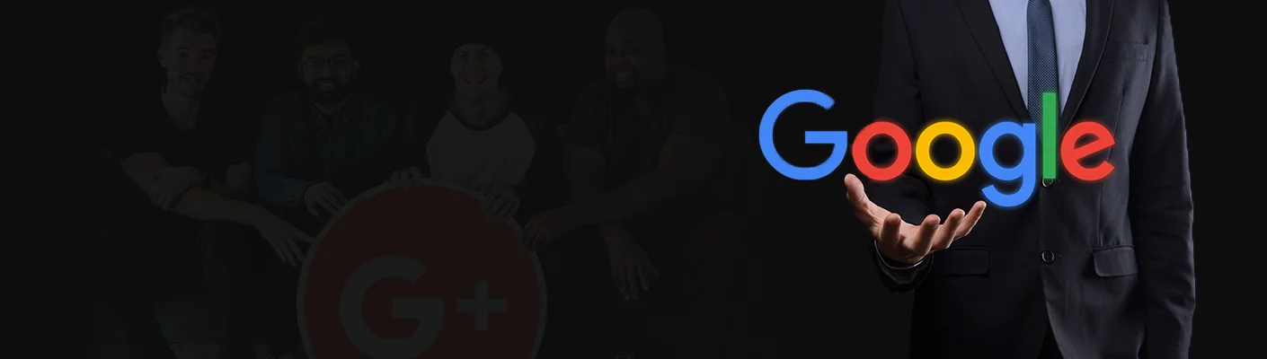 Google services: Businessman holding Google logo, team with G+ symbol.