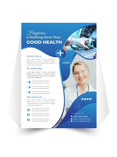 Healthcare flyer in blue and white with tagline "Happiness Is Nothing More Than GOOD HEALTH," smiling female doctor, medical images, and placeholders for services and contact info.