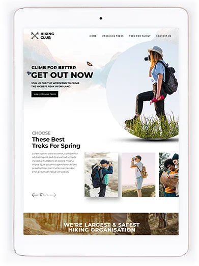 Hiking club website on white tablet with "HIKING CLUB" logo, "GET OUT NOW" call to action, hiker images, and trek info on transparent background.