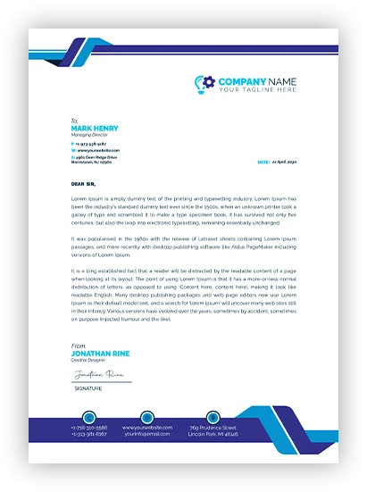 Professional letterhead template with blue-teal geometric accents, "COMPANY NAME" logo featuring lightbulb and gear, letter text placeholder, and footer contact info.