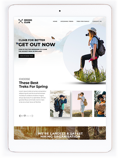 Hiking club website on white tablet with "HIKING CLUB" logo, "GET OUT NOW" call to action, hiker images, and trek info on transparent background.